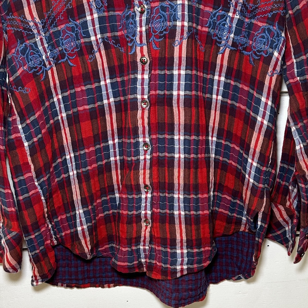 Free People Magical Ebroidered Button Down Red and Blue Plaid Shirt - Picture 6 of 13